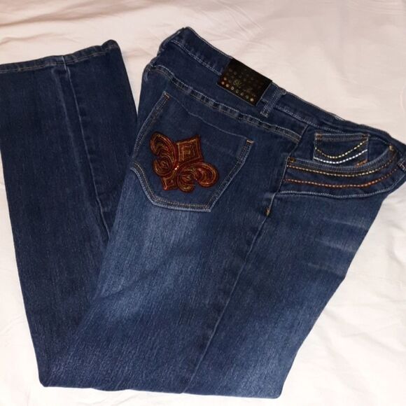 Old Skool Bling Fleur de Lis Design Jeans 16 - Picture 1 of 8